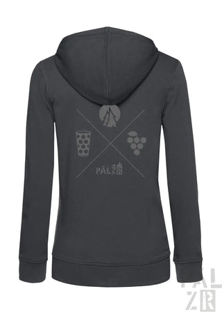 Dunkelgrauer damen zip-up hoodie mit subtilen grafiken aus kreuzenden linien und symbolen wie berg glas trauben
