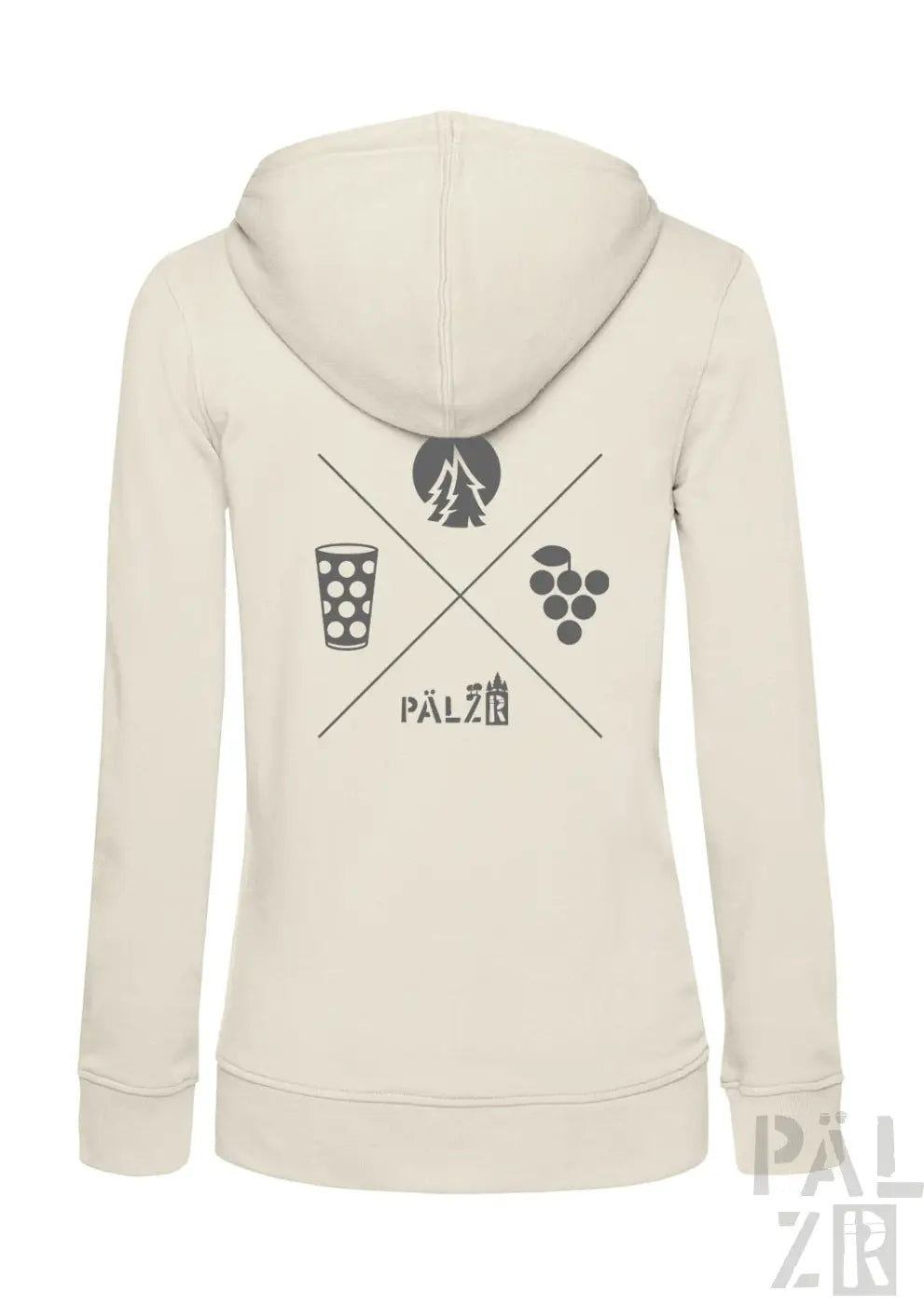 Cremefarbener damen zip hoodie mit schwarzem wald und woi grafikdesign aus baumwolle mit pälz schriftzug