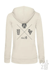 Cremefarbener damen zip hoodie mit schwarzem wald und woi grafikdesign aus baumwolle mit pälz schriftzug