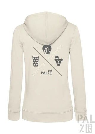 Cremefarbener damen zip hoodie mit schwarzem wald und woi grafikdesign aus baumwolle mit pälz schriftzug