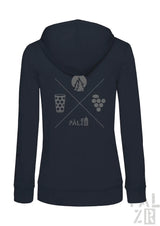 Damen navyblauer zip-up hoodie mit grauem wald und woi grafikdesign aus berg, bier und trauben mit palz schriftzug