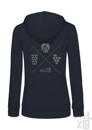 Damen navyblauer zip-up hoodie mit grauem wald und woi grafikdesign aus berg, bier und trauben mit palz schriftzug
