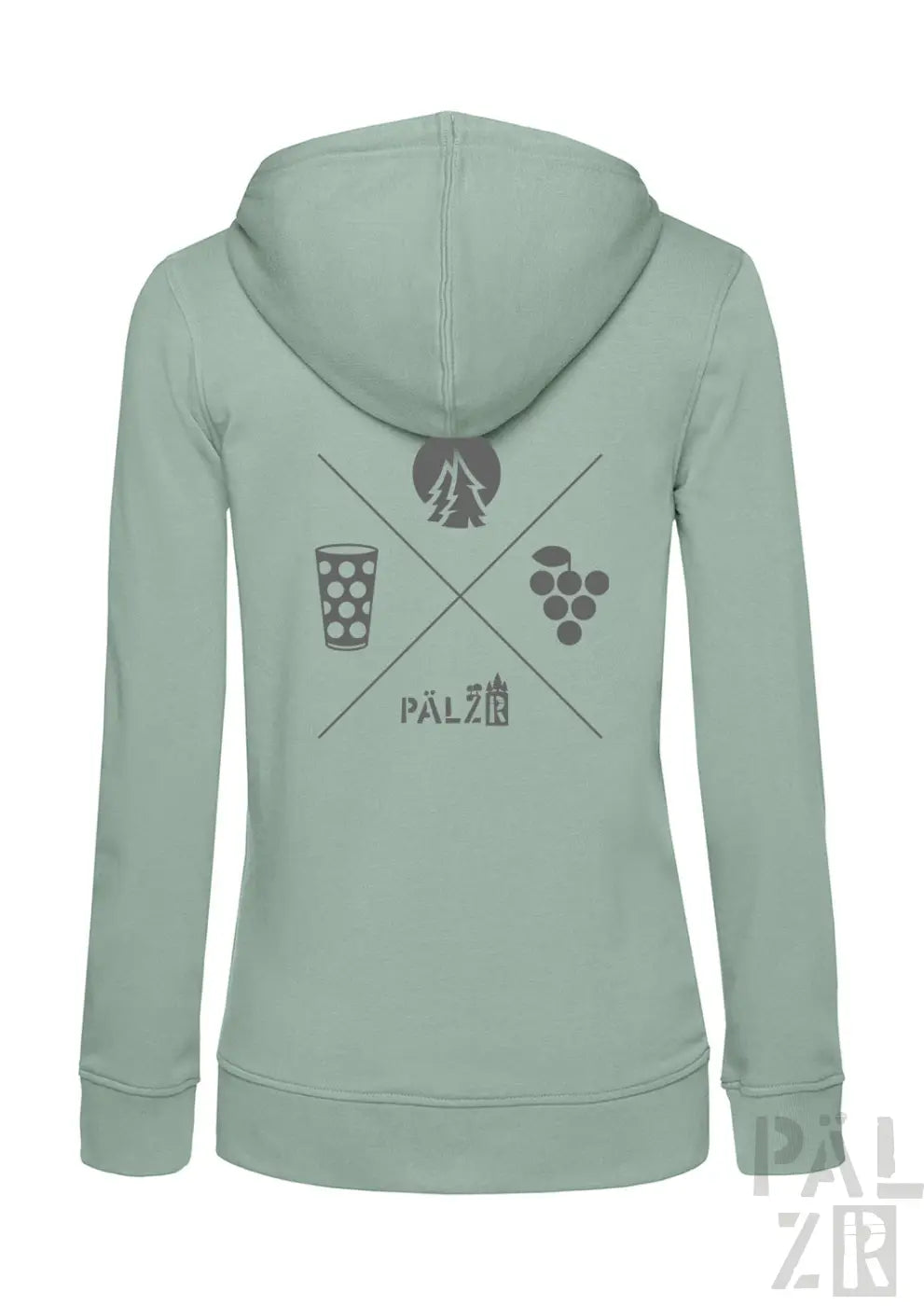 Leichter damen zip-up hoodie in hellgrün mit grauem wald und woi grafikdesign aus kreuzlinien, bergen, glas und trauben