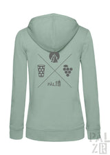 Leichter damen zip-up hoodie in hellgrün mit grauem wald und woi grafikdesign aus kreuzlinien, bergen, glas und trauben