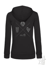 Frauen zipper wald und woi schwarzer hoodie mit grauem berg, bierglas und trauben design auf der rückseite