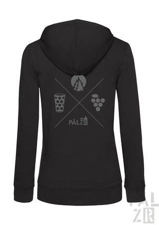 Frauen zipper wald und woi schwarzer hoodie mit grauem berg, bierglas und trauben design auf der rückseite
