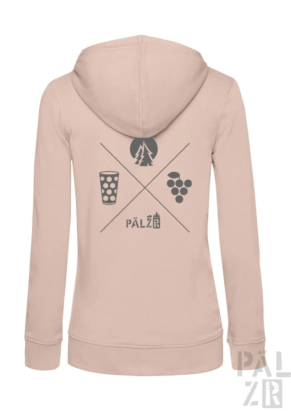 Frauen zipper wald und woi soft blush pink hoodie mit dunklem grauem grafischem design und pälzer schriftzug
