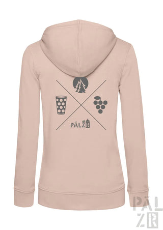 Frauen zipper wald und woi soft blush pink hoodie mit dunklem grauem grafischem design und pälzer schriftzug