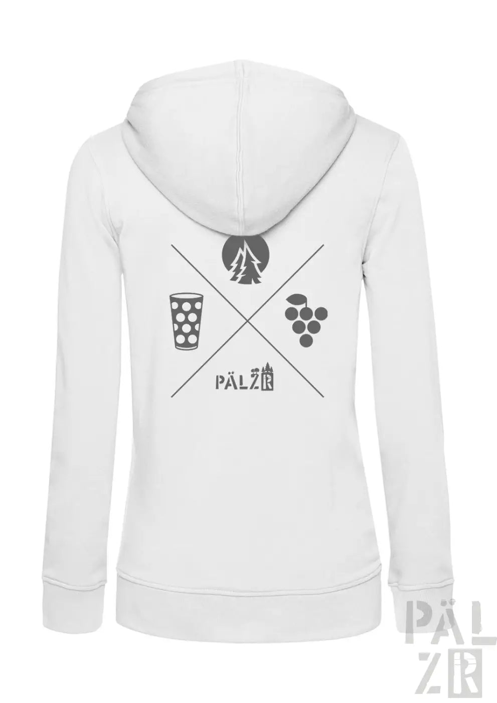 Weißer damen zipper mit grauem wald und woi motiv aus gekreuzten symbolen bergen bier und trauben