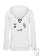 Weißer damen zipper mit grauem wald und woi motiv aus gekreuzten symbolen bergen bier und trauben