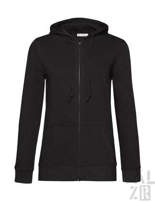 Schwarze Kapuzenjacke mit Reißverschluss, Kordelkapuze und gerippten Bündchen, aus Baumwollmischgewebe.