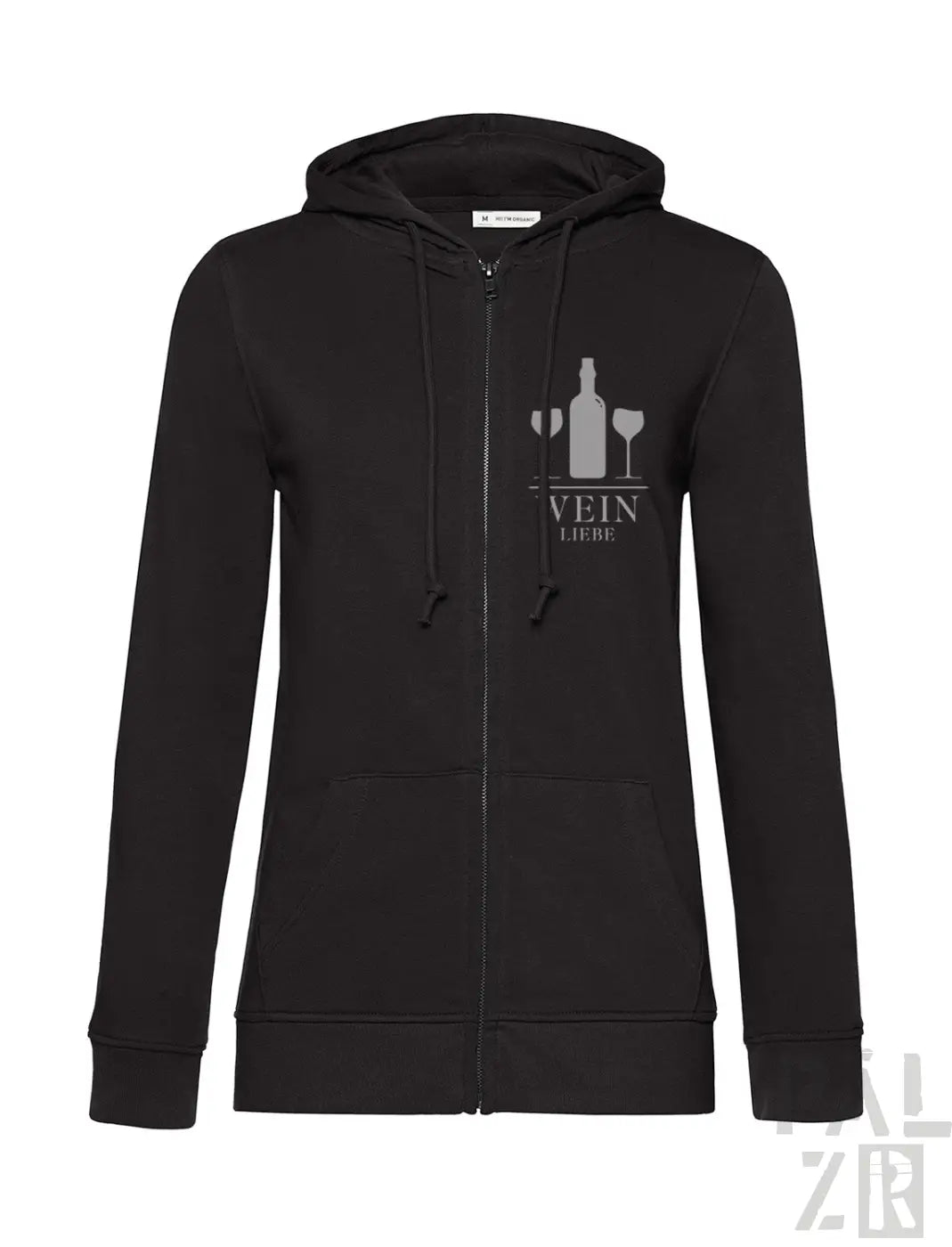 Schwarze Kapuzenjacke mit Reißverschluss und weinthematischem Grafikdesign mit einer Flasche und zwei Gläsern.