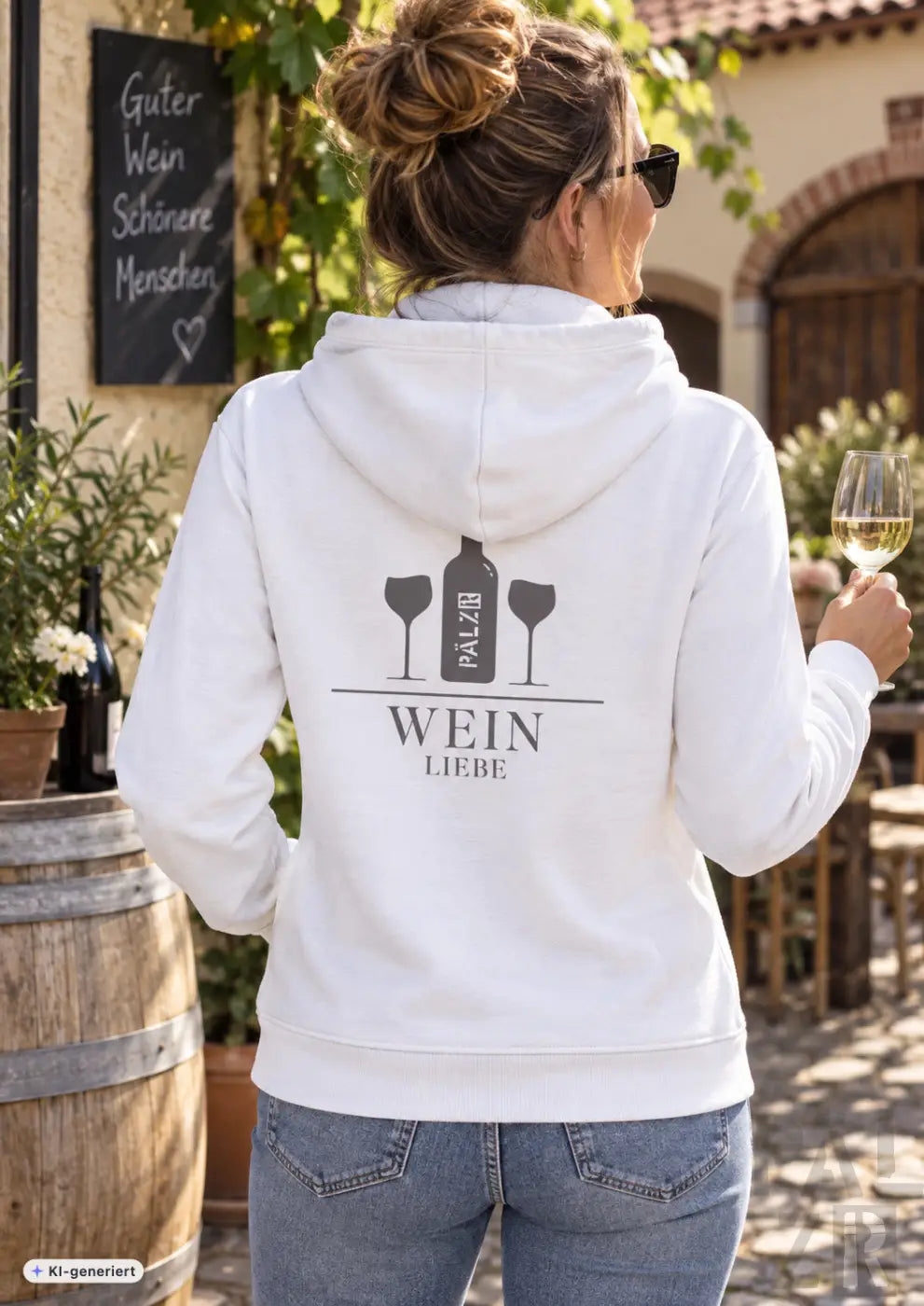 Weißer damen zipper hoodie mit schwarzem weinliebe grafikdruck und palzb weinflaschenmotiv in verschiedenen farben