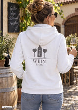 Weißer damen zipper hoodie mit schwarzem weinliebe grafikdruck und palzb weinflaschenmotiv in verschiedenen farben
