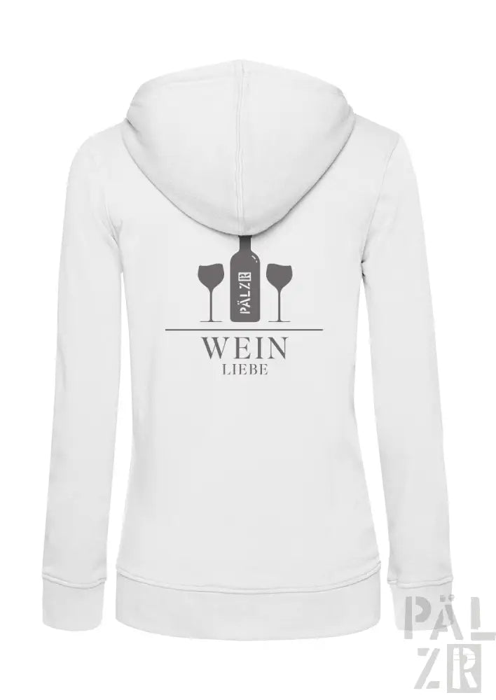 Weißes Hoodie mit weinthematisches Design, das eine Flasche und zwei Gläser zeigt, Text ’wein liebe’ in Schwarz.