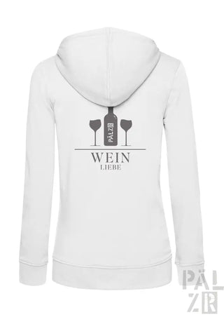 Weißes Hoodie mit weinthematisches Design, das eine Flasche und zwei Gläser zeigt, Text ’wein liebe’ in Schwarz.