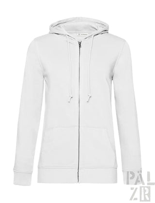 Weiße Kapuzenjacke mit Reißverschluss, Kordelzugkapuze und langen Ärmeln.