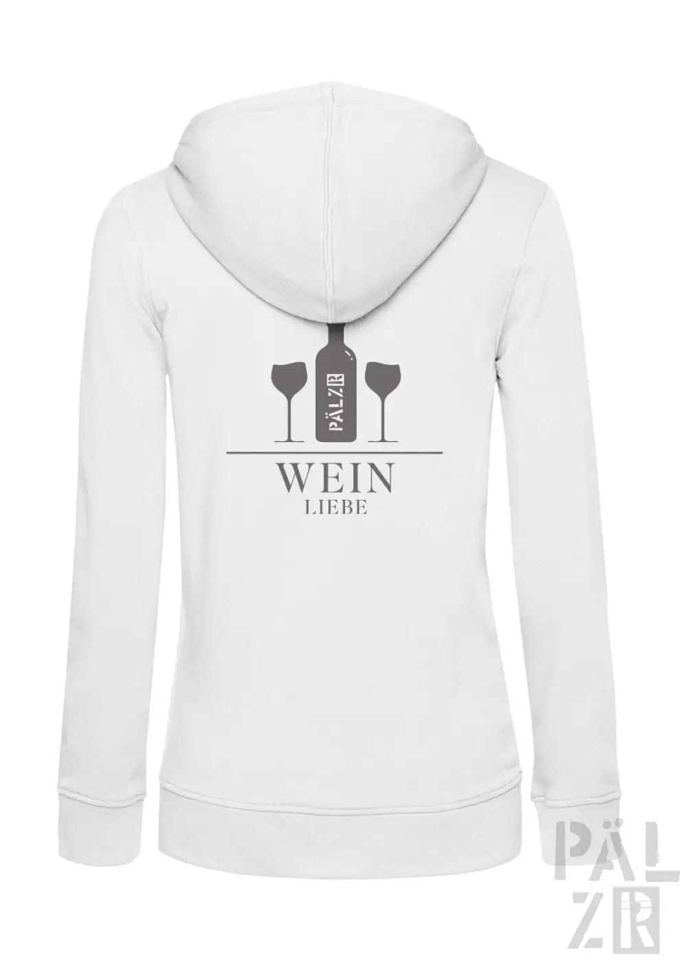 Weißes Hoodie mit weinthematisches Design, das eine Flasche und zwei Gläser zeigt, Text ’wein liebe’ in Schwarz.