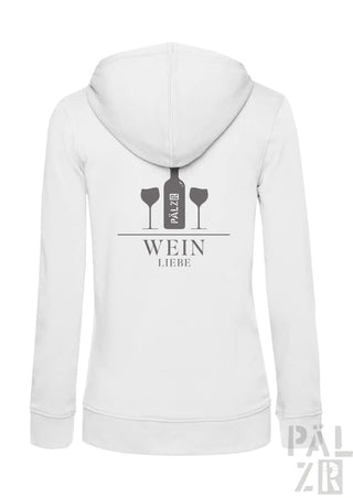 Weißes Hoodie mit weinthematisches Design, das eine Flasche und zwei Gläser zeigt, Text ’wein liebe’ in Schwarz.