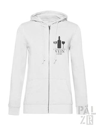 Weiße Kapuzenjacke mit Reißverschluss, ’vein’-Logo und Weinflaschen-Design.