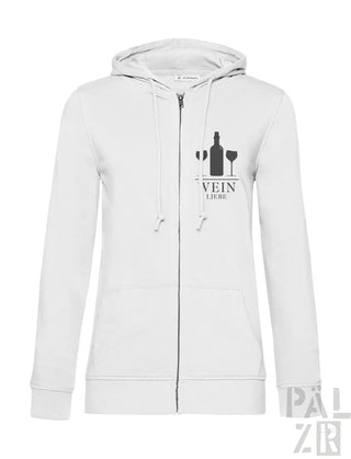 Weiße Kapuzenjacke mit Reißverschluss, ’vein’-Logo und Weinflaschen-Design.