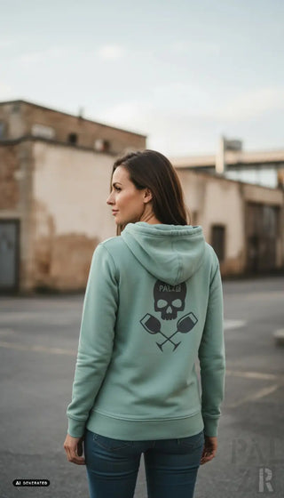 Frauen zipper weinpirat mintgrüner hoodie mit schwarzem schädel und gekreuzten rudern grafik auf der rückseite