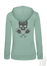 Mintgrüner frauen zipper mit schwarzem totenkopf und gekreuzten weingläsern grafik auf der rückseite