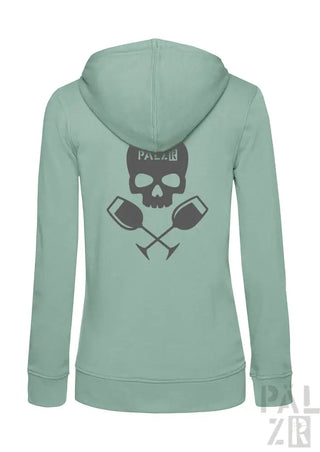 Mintgrüner frauen zipper mit schwarzem totenkopf und gekreuzten weingläsern grafik auf der rückseite