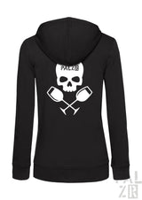 Schwarze frauen zipper weinpirat kapuzenjacke mit weißem schädel und gekreuzten weingläsern und palzr text