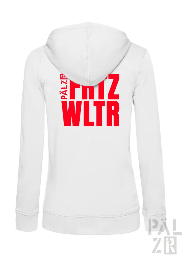 Weiße Kapuzenjacke mit Reißverschluss, rotem Text und Logodesign.