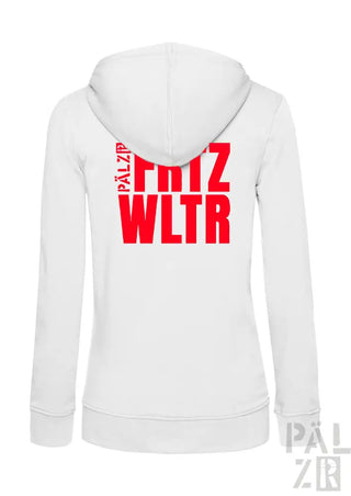 Weiße Kapuzenjacke mit Reißverschluss, rotem Text und Logodesign.