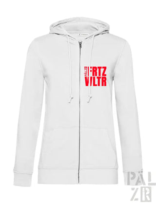 Weiße Kapuzenjacke mit Reißverschluss und rotem Textdesign, Material aus Kapuzenschweißshirt.