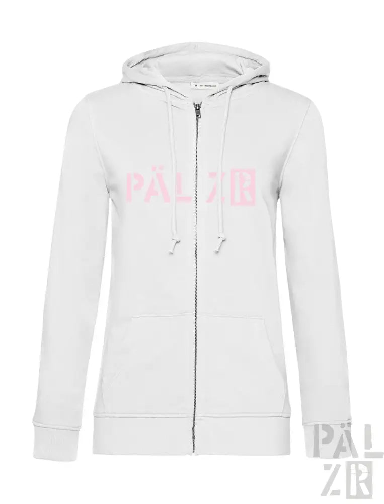 Weiße Kapuzenjacke mit Reißverschluss, pinkem Logo und Kordelkapuze.