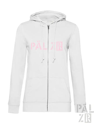 Weiße Kapuzenjacke mit Reißverschluss, pinkem Logo und Kordelkapuze.