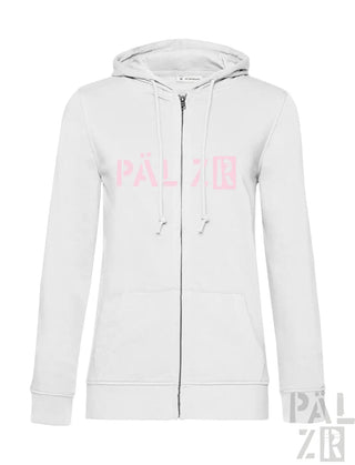 Weiße Kapuzenjacke mit Reißverschluss, pinkem Logo und Kordelkapuze.
