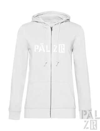 Weiße Kapuzenjacke mit Reißverschluss und ’palze’-Logo.