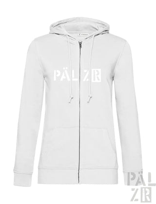 Weiße Kapuzenjacke mit Reißverschluss und ’palze’-Logo.