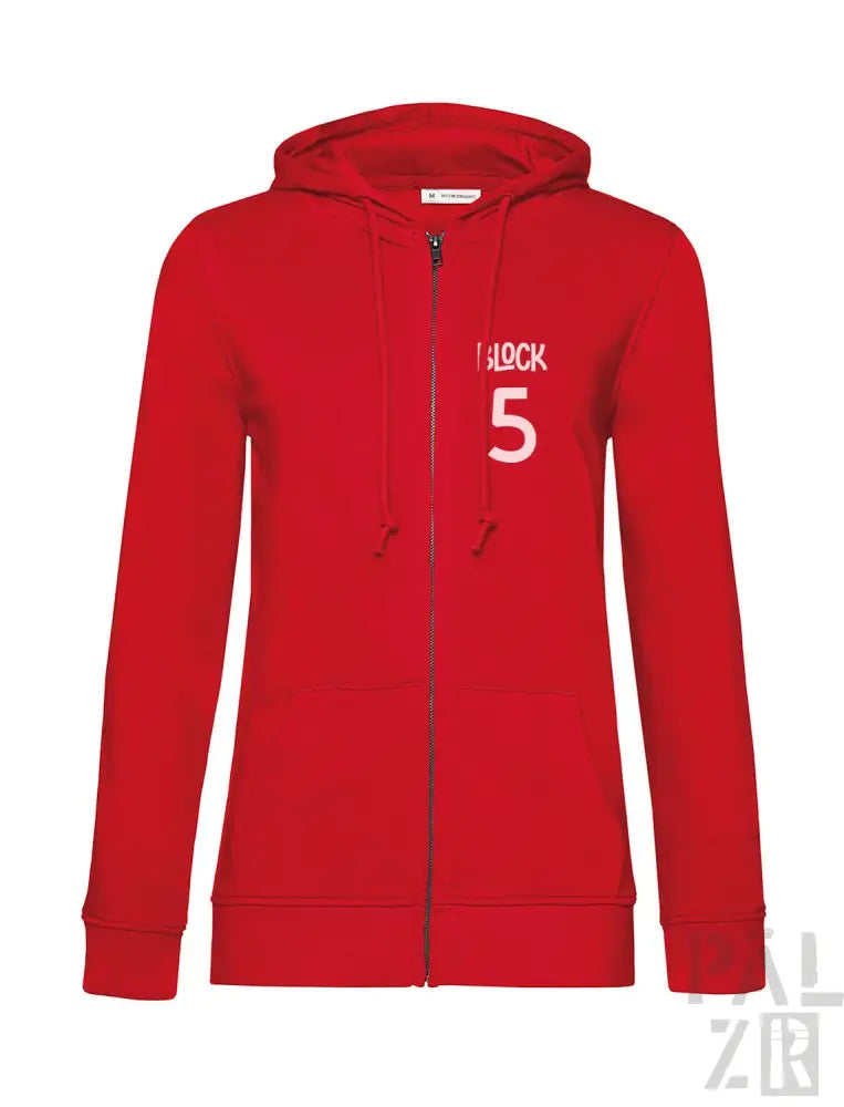 Rote Kapuzenjacke mit Reißverschluss und ’5” und ’back’-Design auf der Vorderseite.