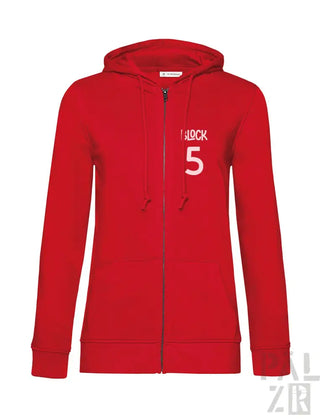 Rote Kapuzenjacke mit Reißverschluss und ’5” und ’back’-Design auf der Vorderseite.