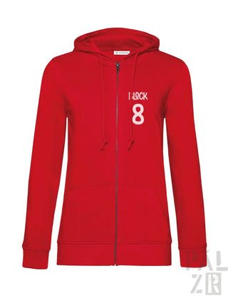 Rotes Kapuzen-Sweatshirt mit Reißverschluss und „i rock 8“-Design auf der Vorderseite, aus Baumwollmaterial gefertigt.