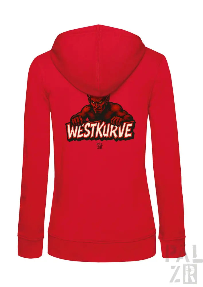 Rotes Kapuzen-Sweatshirt mit Reißverschluss, Teufel-Design und Text ’westkurve’.