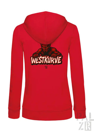 Rote Kapuzenjacke mit Reißverschluss, Teufel-Design und Text ’westkurve’.