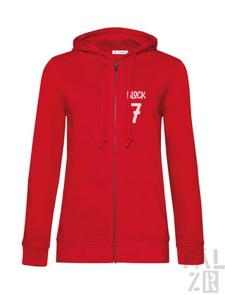 Rote Kapuzenjacke mit Reißverschluss und „190ck“ sowie der Nummer 7 darauf.