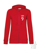 Roter Kapuzenpulli mit Reißverschluss und „Glock 9“-Design auf der Vorderseite.