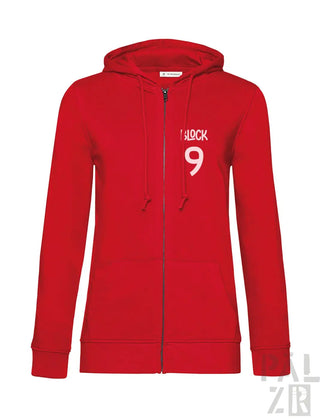 Roter Kapuzenpulli mit Reißverschluss und „Glock 9“-Design auf der Vorderseite.