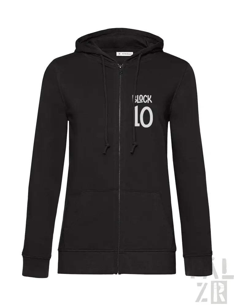 Schwarze Kapuzenjacke mit Reißverschluss und ’Block 10’-Design auf der Vorderseite.