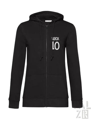 Schwarze Kapuzenjacke mit Reißverschluss und ’Block 10’-Design auf der Vorderseite.