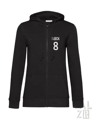 Schwarzes Reißverschluss-Hoodie mit ’i 49ck’ und der Zahl ’8’ darauf.