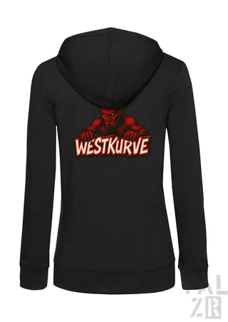 Schwarze Kapuzenjacke mit Reißverschluss, rotem Teufel-Design und Text ’westkurve’.