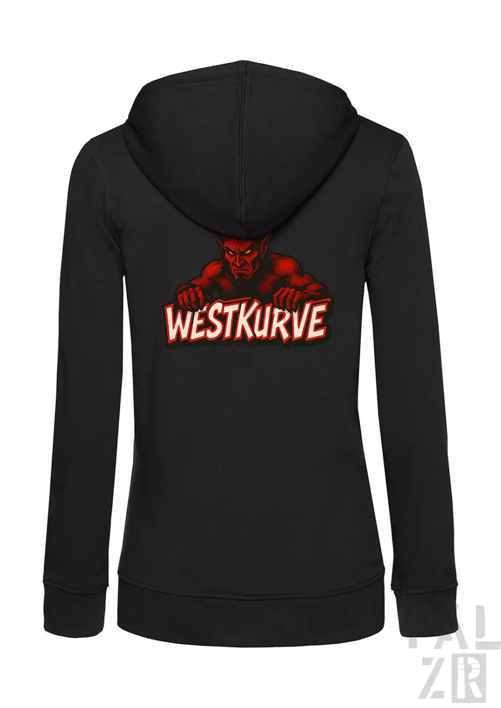 Schwarze Kapuzenjacke mit Reißverschluss, rotem Teufel-Design und ’westkurve’-Text.